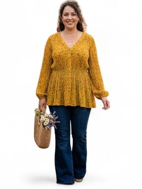 Mustard Yellow Floral Plissé Pleated Blouse 2X | Cottagecore Boho Romantic